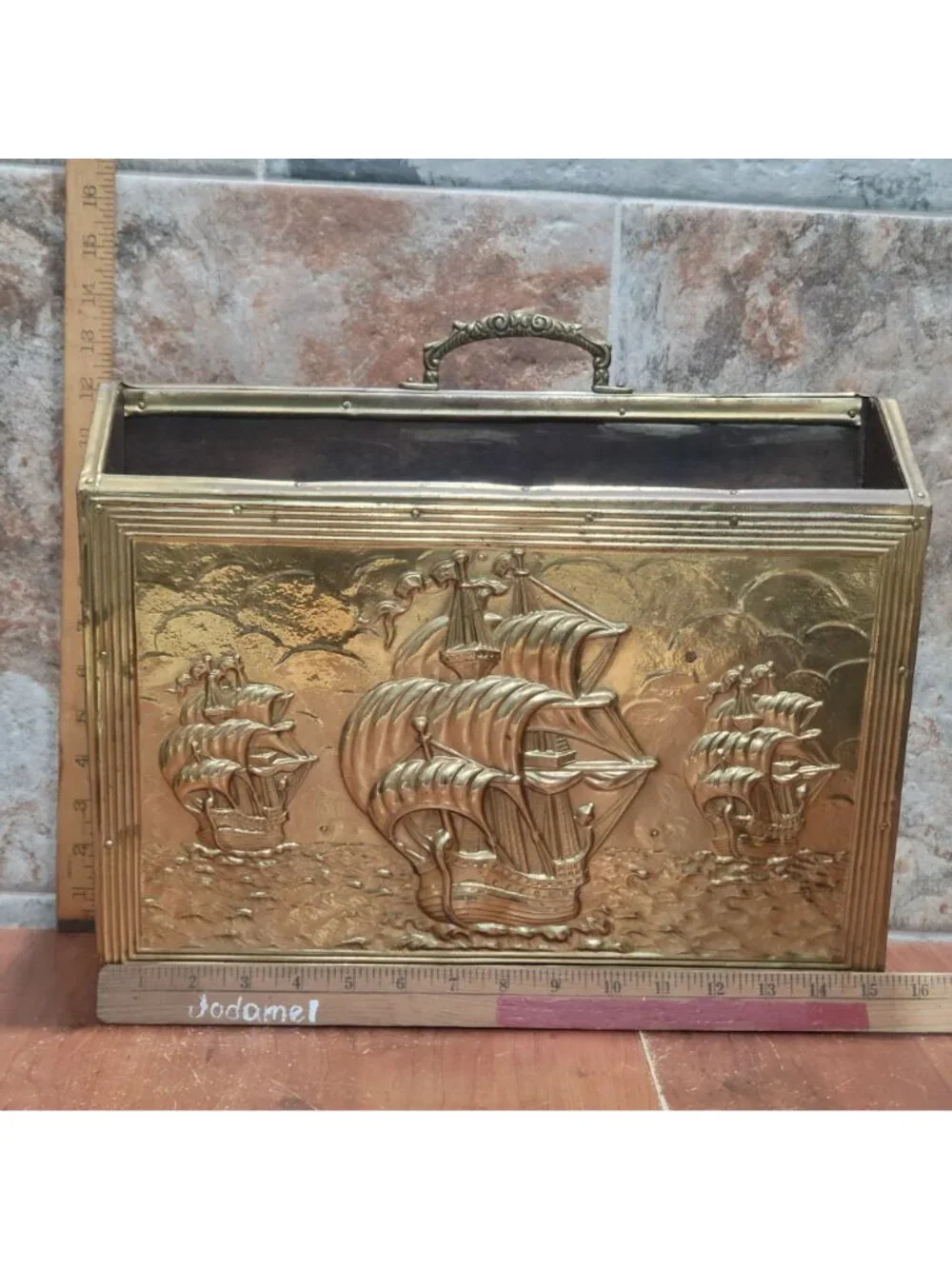 Antique Embossed Brass Fireplace Coal Box Magazine Bin Sailing Ships Vintage